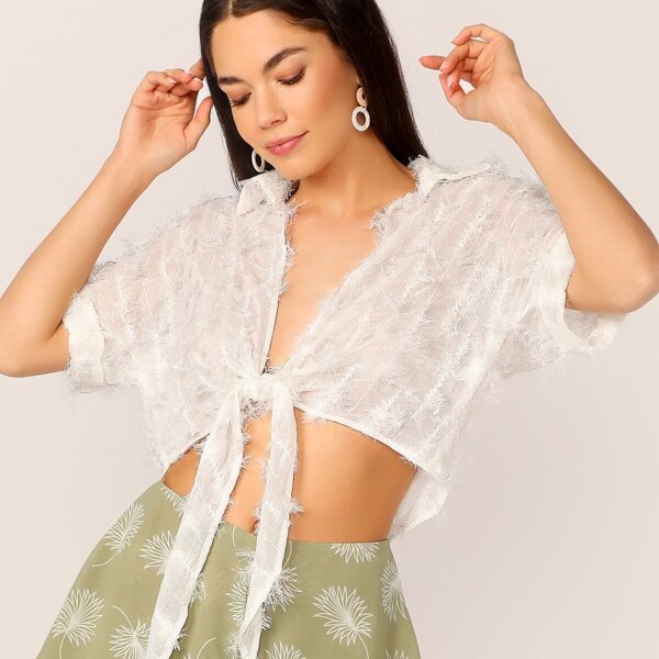 

Tie Front Cuff Sleeve Fluffy Crop Top, White