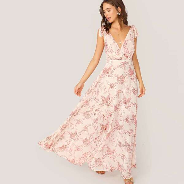 

Knot Strap Backless Floral Print Maxi Dress, Multicolor