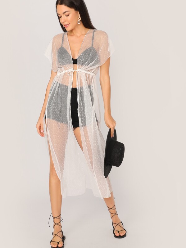 

Drawstring Waist Split Side Dobby Mesh Kimono, White, Aarika Wolf