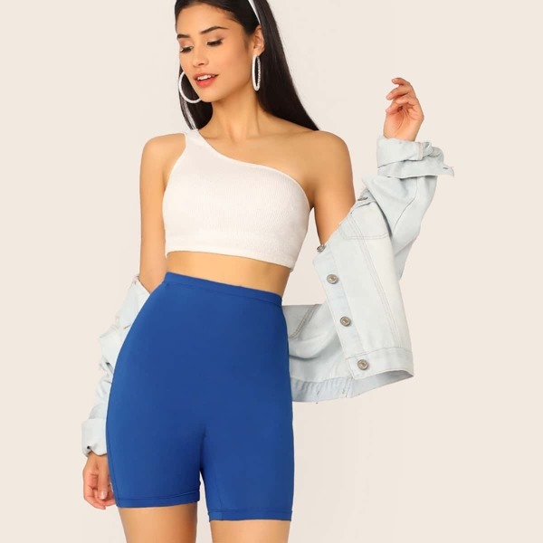 

Elastic Waist Solid Cycling Shorts, Blue bright