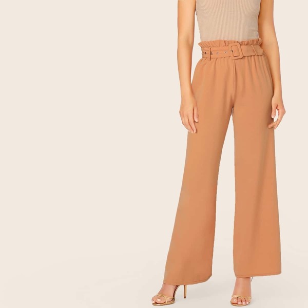 

Solid Paperbag Waist Straight Leg Pants