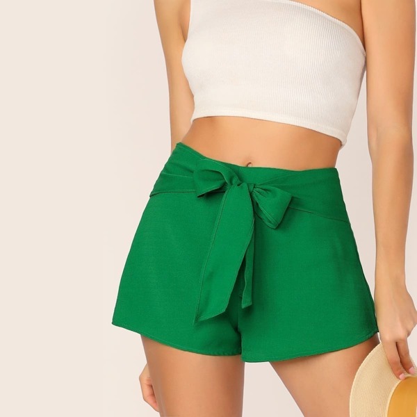 

Tie Waist Solid Shorts, Green bright
