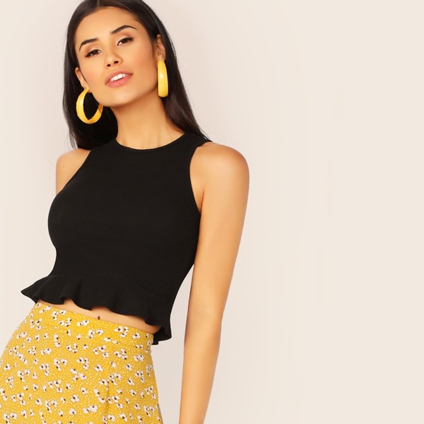

Ruffle Hem Rib-knit Crop Tank Top