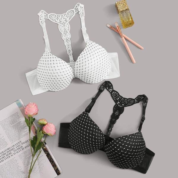 

Crochet Back Bra Set 2pack, Black and white