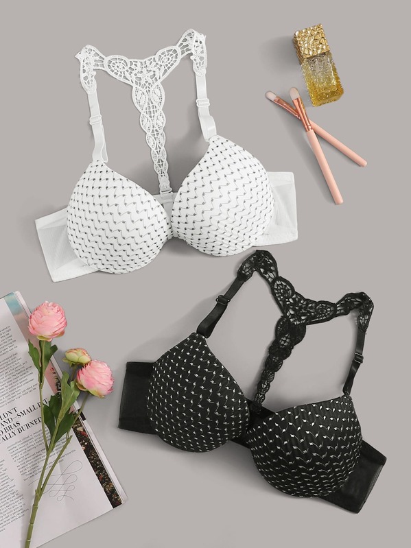 

Crochet Back Bra Set 2pack, Black and white