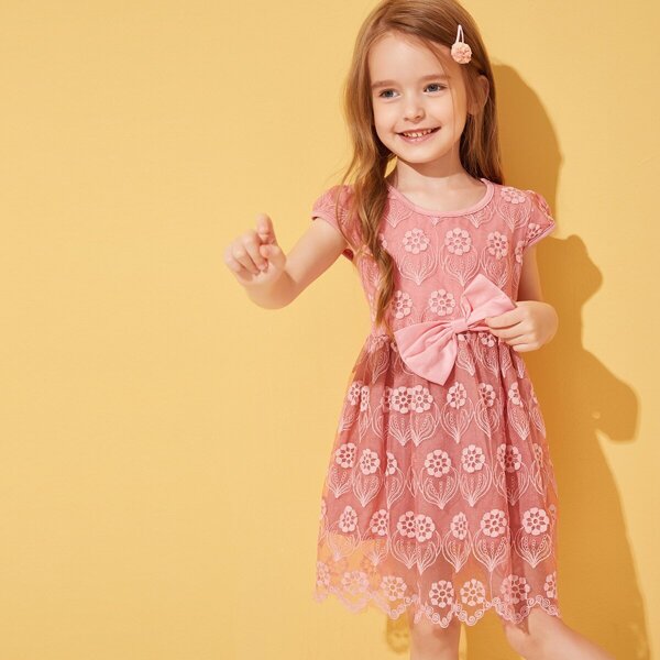 

Toddler Girls Contrast Mesh Embroidery Bow Dress