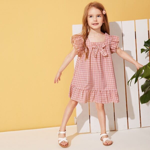 

Toddler Girls Ruffle Hem Bow Front Gingham Dress, Pink