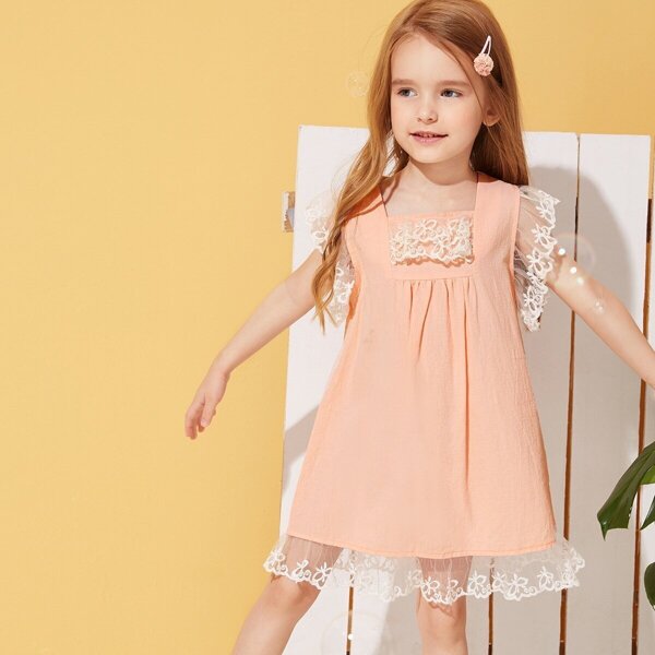

Toddler Girls Zip Back Lace Trim Square Neck Dress, Pink pastel
