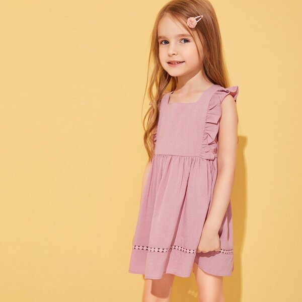 

Toddler Girls Lace Insert Ruffle Armhole Dress, Pink pastel
