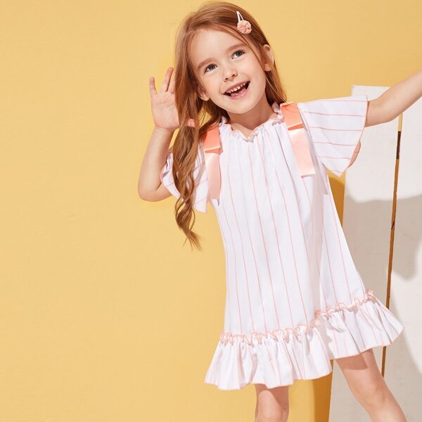 

Toddler Girls Ruffle Hem Bow Shoulder Striped Dress, White