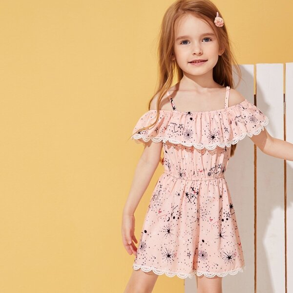 

Toddler Girls Lace Trim Galaxy Print Romper
