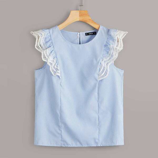 

Lace Trim Ruffle Armhole Striped Top