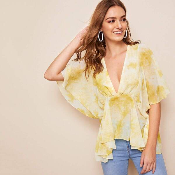 

Tie Dye Plunge Neck Flutter Sleeve Top