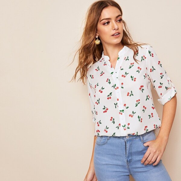 

Cherry Print Tab Sleeve Shirt