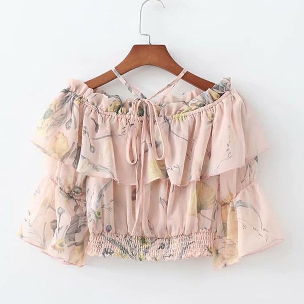

Lettuce Frill Floral Print Shirred Blouse