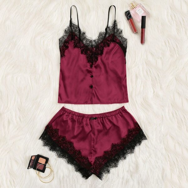 

Button Front Contrast Lace Satin Cami PJ Set, Burgundy