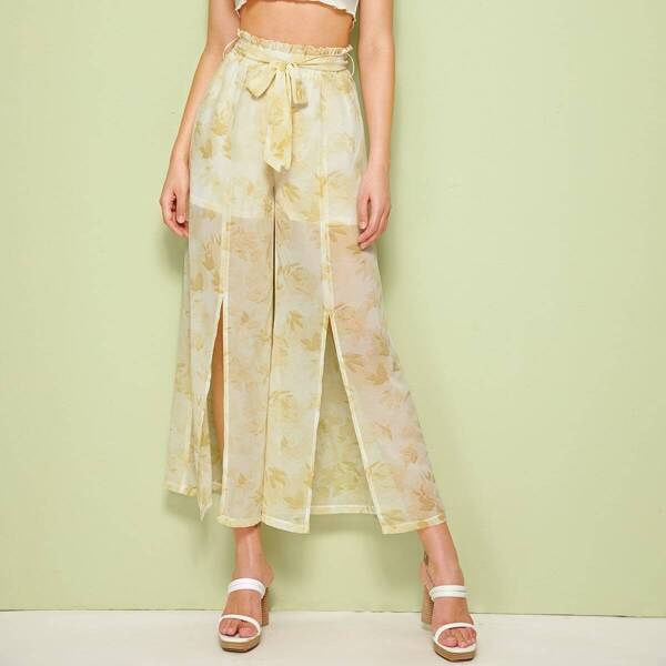 

Paperbag Waist Slit Hem Plant Print Wide Leg Pants, Yellow pastel