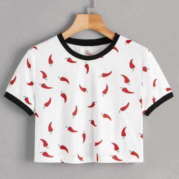 

Chili Print Crop Ringer Tee
