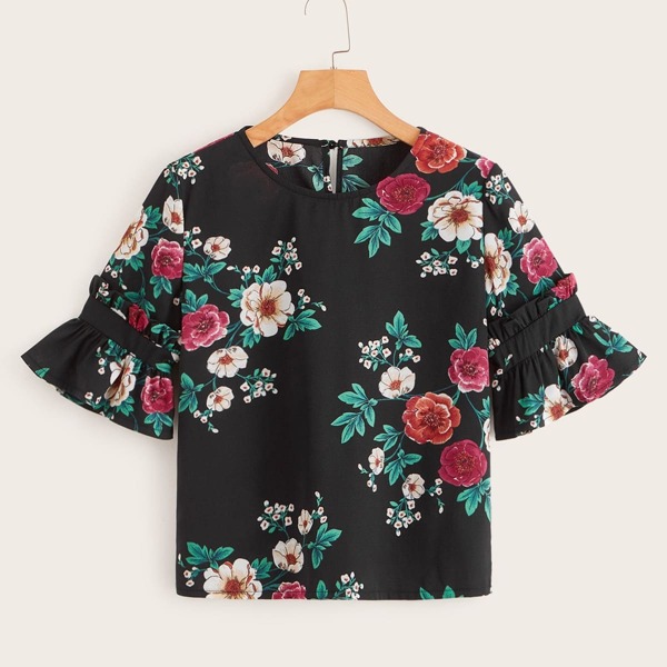 

Floral Print Flounce Sleeve Blouse