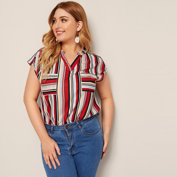

Plus V-neck Striped Blouse