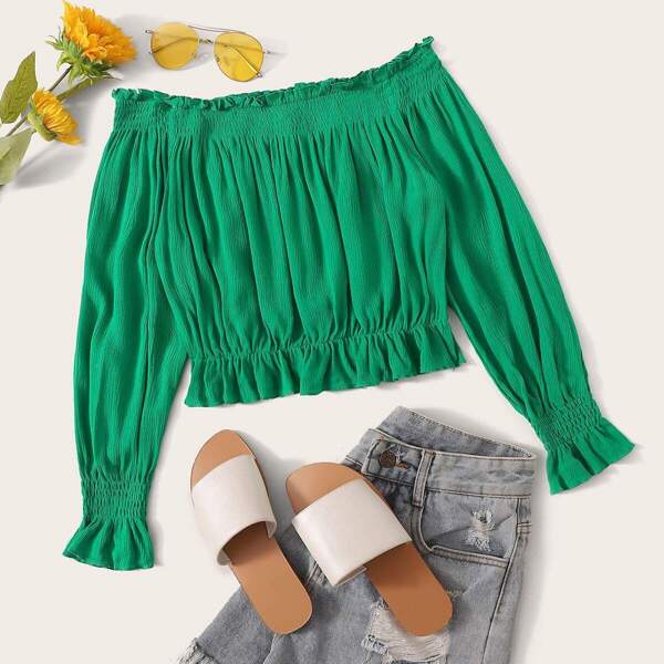 

Frill Shirred Off Shoulder Blouse