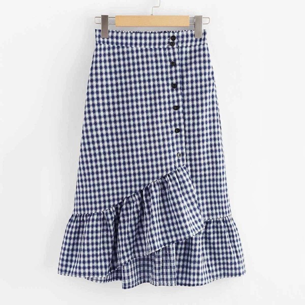 

Plus Gingham Button Front Ruffle Hem Skirt