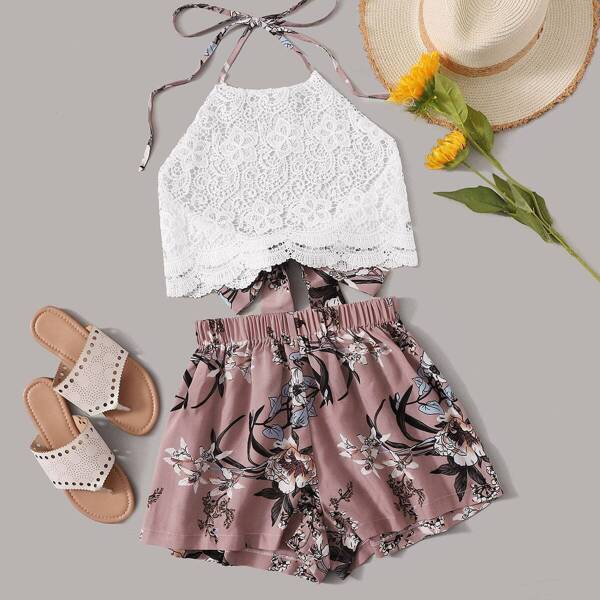 

Floral Print Tie Back Halter Lace Top With Shorts, Multicolor