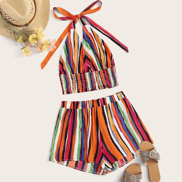 

Plus Rainbow Stripe Shirred Halter Top With Shorts, Multicolor