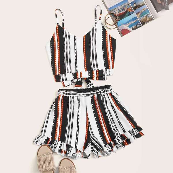 

Striped Tie Back Cami Top With Shorts, Multicolor