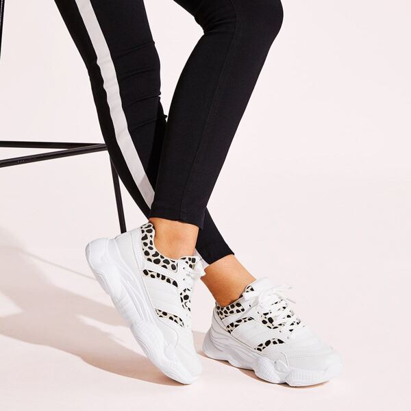 

Lace-up Front Leopard Pattern Sneakers, White