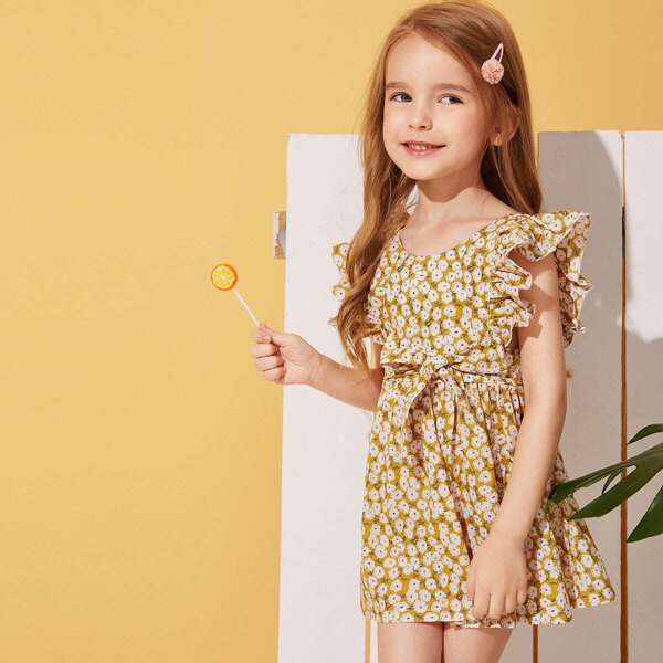 

Toddler Girls Ditsy Floral Ruffle Trim Belted Dress