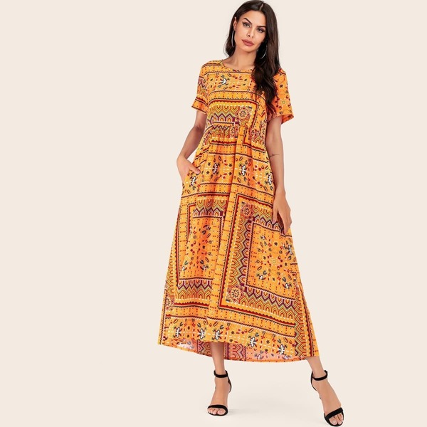 

Graphic Print Hidden Pocket Maxi Dress, Yellow