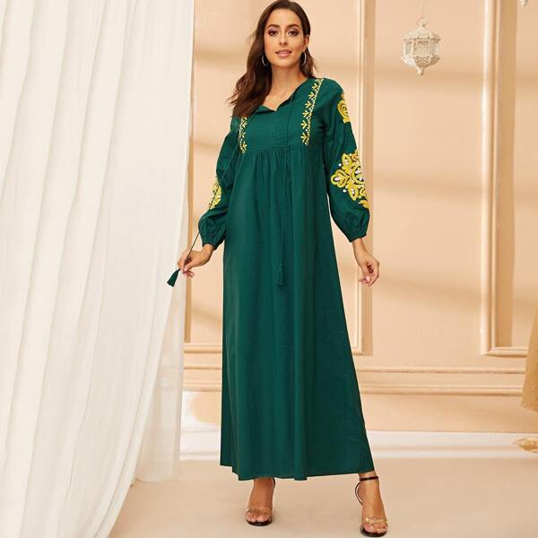 

Embroidered Bishop Sleeve Tied Maxi Smock Dress