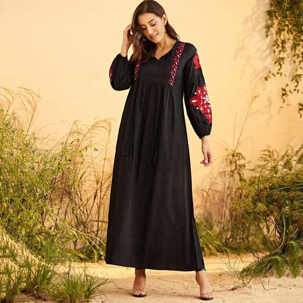 

Embroidered Bishop Sleeve Tied Maxi Smock Dress