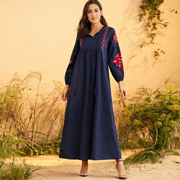 

Embroidered Bishop Sleeve Tied Maxi Smock Dress
