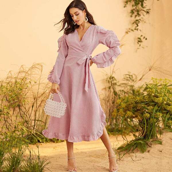 

Striped Print Ruffle Trim Knot-side Wrap Dress