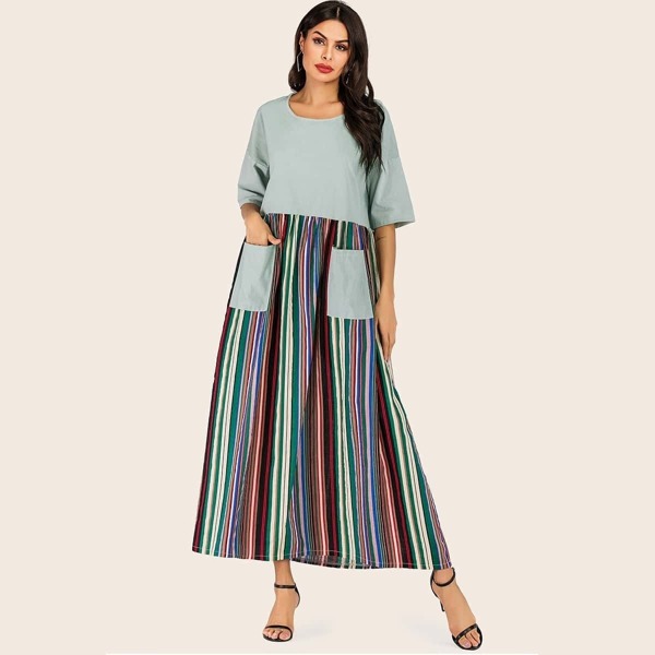 

Rainbow Stripe Dual Pocket Front Maxi Dress, Multicolor