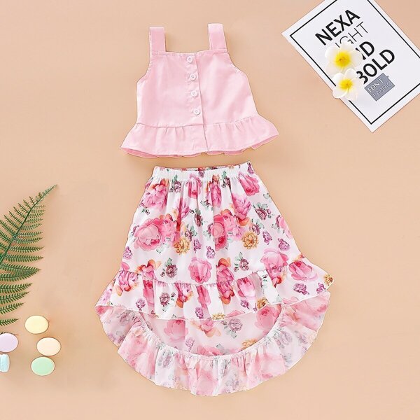 

Toddler Girls Button Front Cami Top & Floral Ruffle Hem Skirt, Multicolor