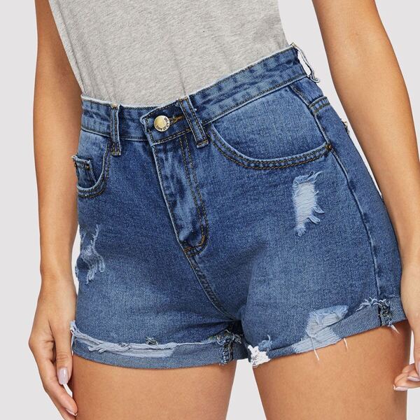 

Ripped Cuffed Hem Denim Shorts