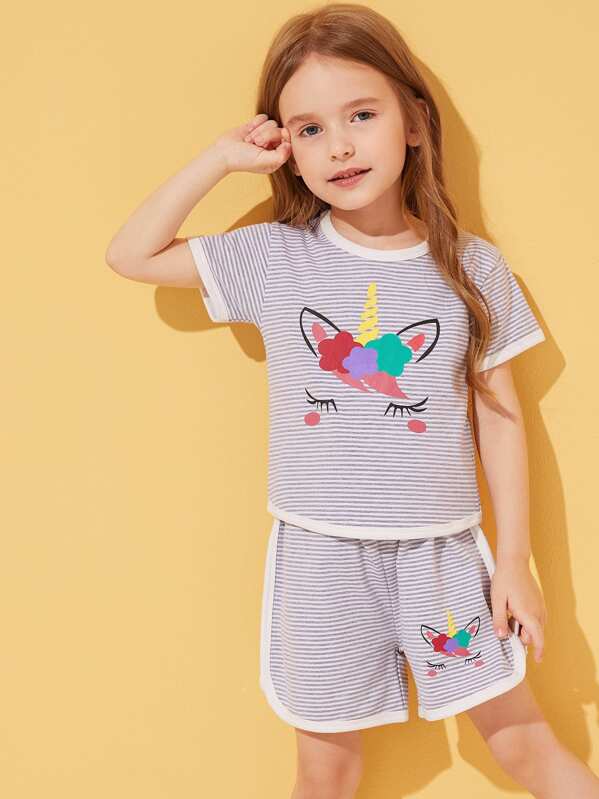 

Toddler Girls Cartoon Print Stripe Tee & Dolphin Shorts, Grey, Sofia B