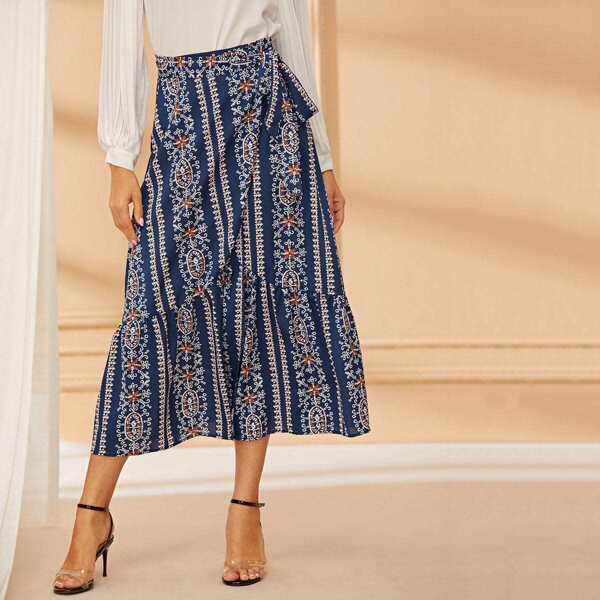 

Graphic Print Knot-side Wrap Midi Skirt