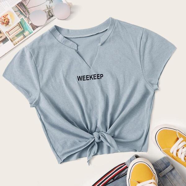 

Letter Graphic Tie-front Tee, Dusty blue