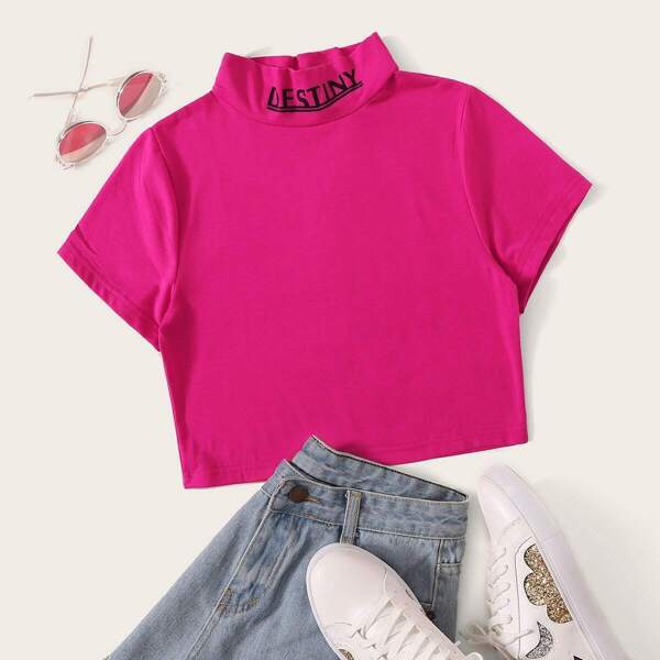 

Letter Print Stand Collar Crop Tee
