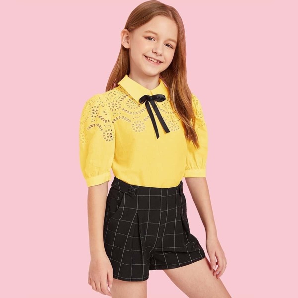 

Girls Tie Neck Laser Cut Top