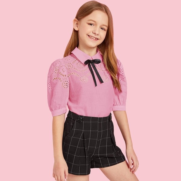 

Girls Collared Bow Front Embroidery Eyelet Top, Pink