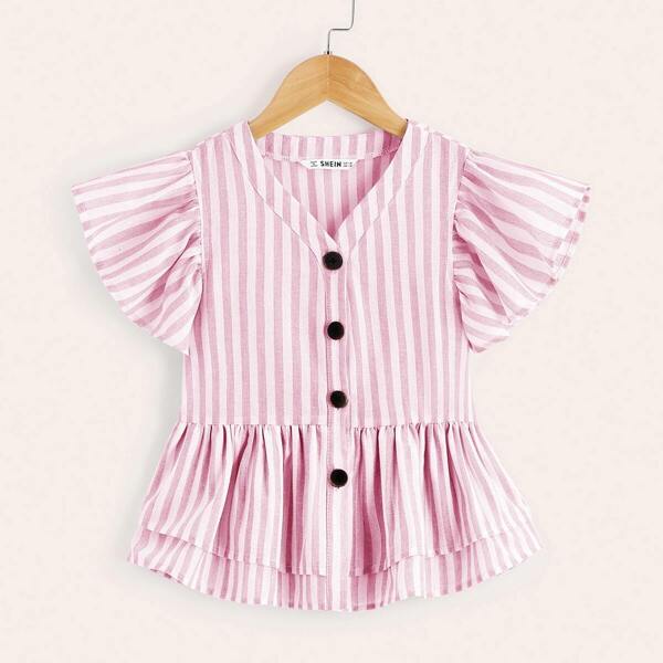 

Girls Button Front Layered Hem Striped Peplum Blouse, Pink