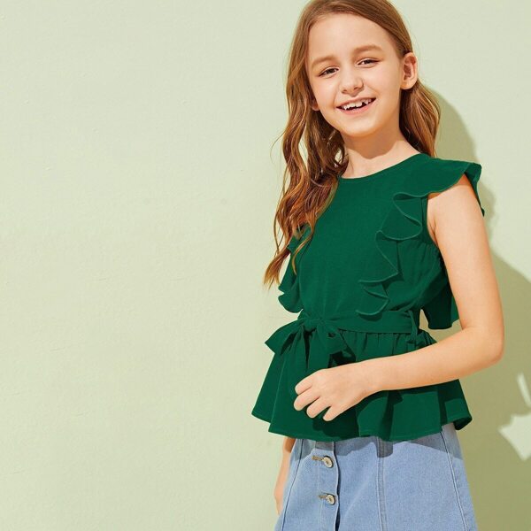

Girls Ruffle Trim Belted Peplum Blouse, Green