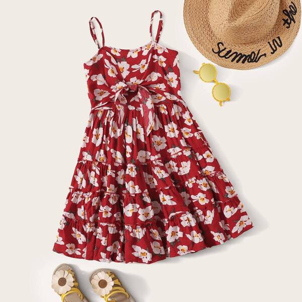 

Girls Tie Front Shirred Back Frill Trim Floral Sundress, Red