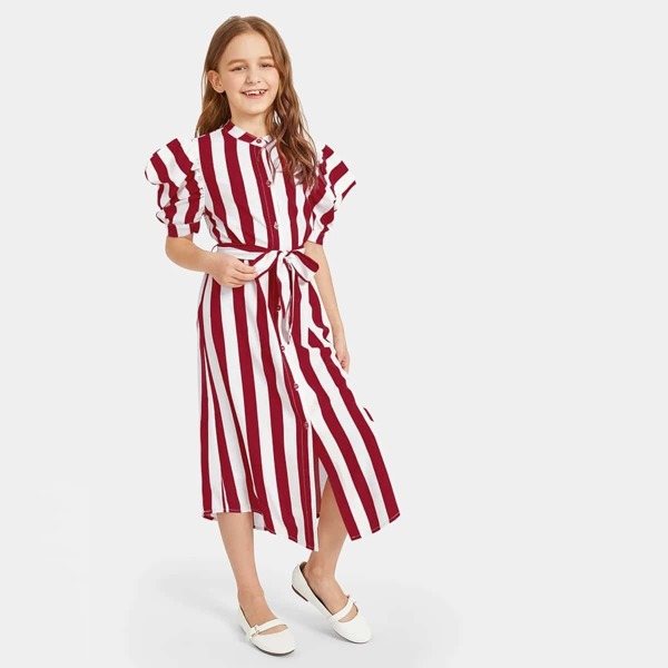 

Girls Puff Sleeve Striped Belted Shirt Dress, Burgundy
