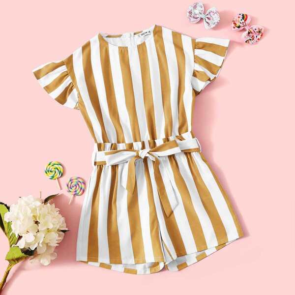 

Girls Ruffle Trim Belted Striped Romper, Yellow